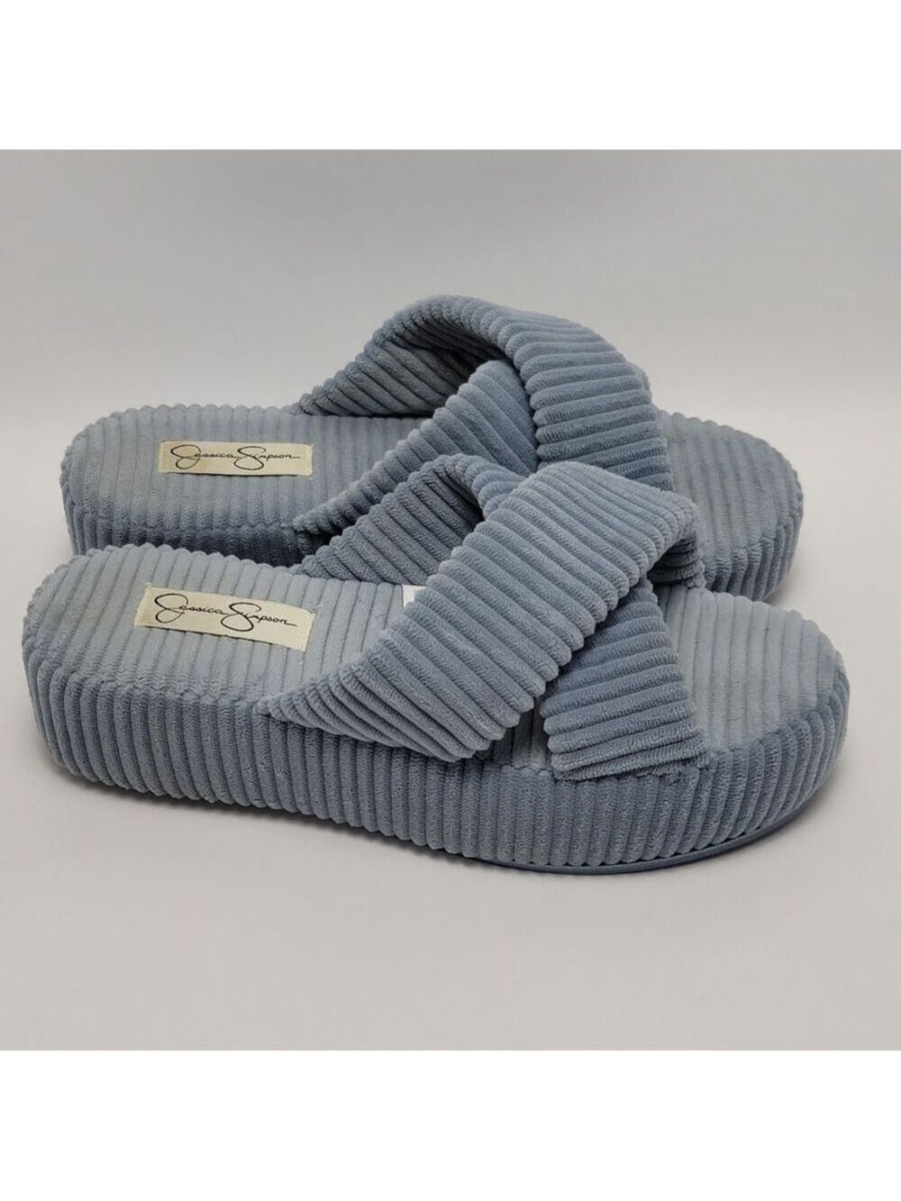 Jessica Simpson Sky Blue Corduroy Ribbed Terry Criss Cross Band Slippers 7-8 M